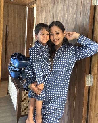 Blue Checkerboard Twinning Nightsuit Set| Pure Cotton