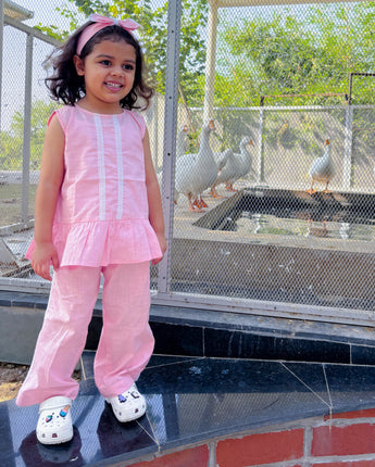 Bae Co-Ords Set for Girls| Linen with Laces| Pink