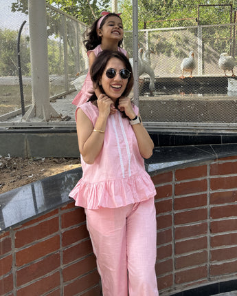 Bae Co-Ords Set Twinning Dresses for Mother and Daughter| Rose Pink| Linen and Laces