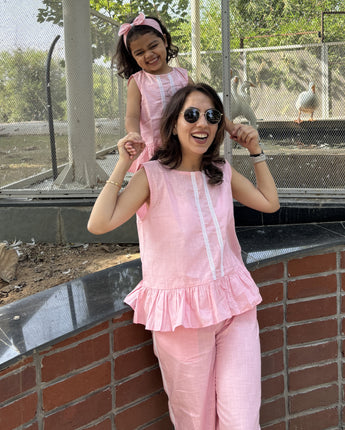 Bae Co-Ords Set Twinning Dresses for Mother and Daughter| Rose Pink| Linen and Laces