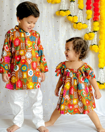 Kids Matching Twinning Attire| Mustard Patola| Pure Cotton