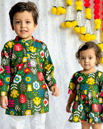 Festive Sibling Twinning Outfits| Green Patola| Pure Cotton