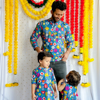 Stylish Twinning Ethnic Wear for Father and Daughter| Blue Patola| Pure Cotton