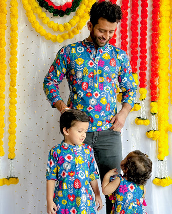 Stylish Twinning Ethnic Wear for Father and Daughter| Blue Patola| Pure Cotton