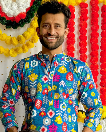 Festive Men's Full Kurta Pajama Set| Blue Patola| Pure Cotton