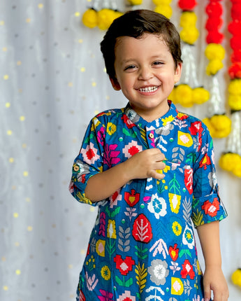 Matching Full Kurta Pyjama Set for Father and Son| Blue Patola| Pure Cotton|