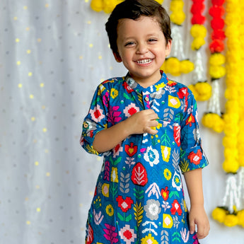 Designer Kurta Pajama Set for Boys| Blue Patola| Pure Cotton