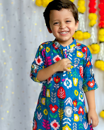 Designer Kurta Pajama Set for Boys| Blue Patola| Pure Cotton