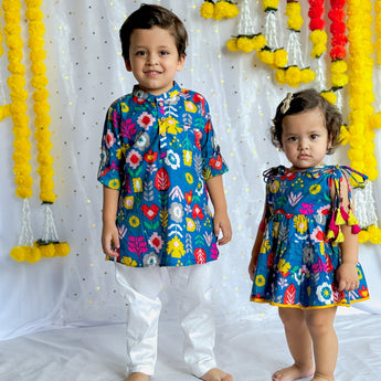 Matching Sibling Twinning Outfits| Blue Patola| Pure Cotton