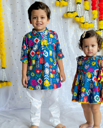Matching Sibling Twinning Outfits| Blue Patola| Pure Cotton