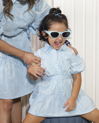 Tiffany Blue short Dress for Girls| Linen with Laces