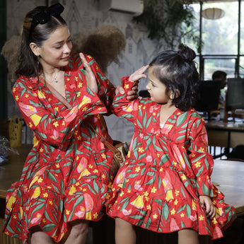 Matching Party Twinning Dresses for Mother and Daughter| Red Bird| Pure Cotton