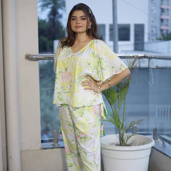 Kaftan Co-Ords set for Womens| Yellow Flamingos| Pure Cotton