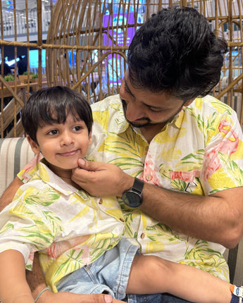 Beach Twinning Outfit for Father and Son |Yellow Flamingos| Pure Cotton