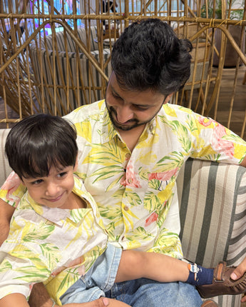 Beach Twinning Outfit for Father and Son |Yellow Flamingos| Pure Cotton
