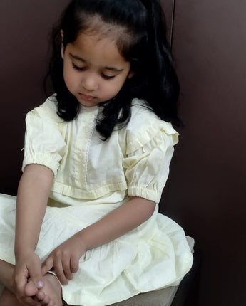 Victoria Short Dress for Girls| Linen with Laces| Yellow