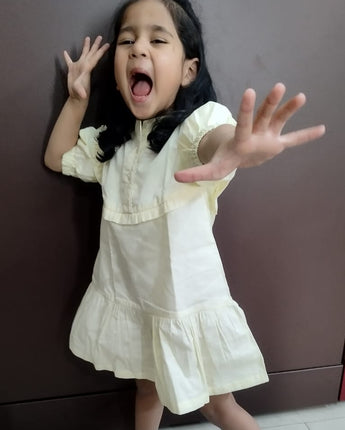 Victoria Short Dress for Girls| Linen with Laces| Yellow