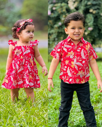 Red floral firework Sibling Twinning Outfits | Pure cotton