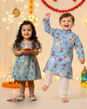 Blue  Pichwai Sibling Twinning Outfits| Pure Cotton