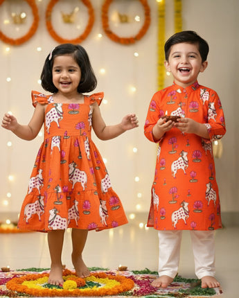 Orange Pichwai Sibling Twinning Outfits| Pure Cotton