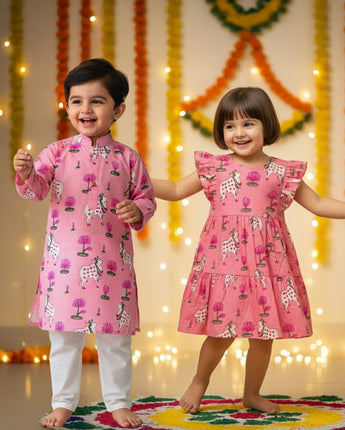 Pink Pichwai Sibling Twinning Outfits| Pure Cotton