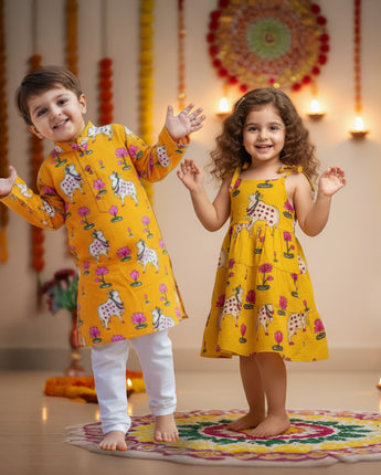 Yellow Pichwai Sibling Twinning Outfits| Pure Cotton