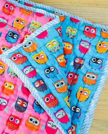 Reversible Character Quilt- Wise Owl - Blue & Pink