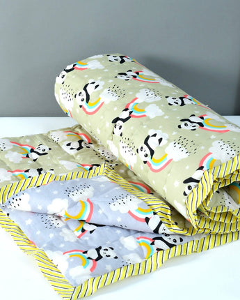 Reversible Character Quilt- Rainbow Panda- Grey & Muddy Yellow
