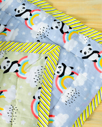 Reversible Character Quilt- Rainbow Panda- Grey & Muddy Yellow