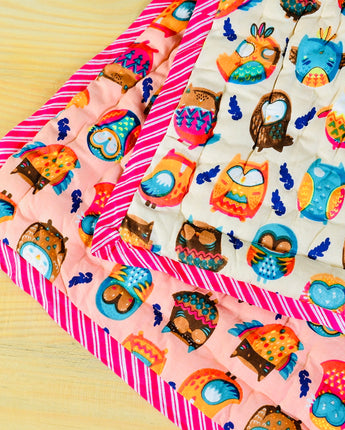 Reversible Character Quilt- Flying Owls- Peach& Cream