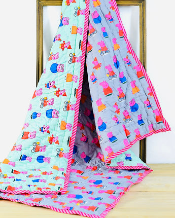 Reversible Character Quilt- Peppa Piggy- Grey & Green