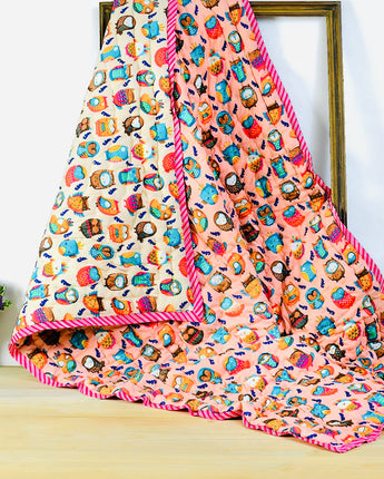 Reversible Character Quilt- Flying Owls- Peach& Cream