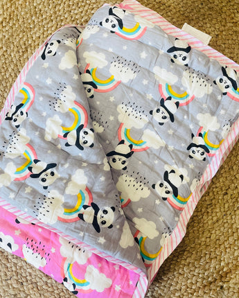 Reversible Character Quilt- Rainbow Panda- Pink & Grey