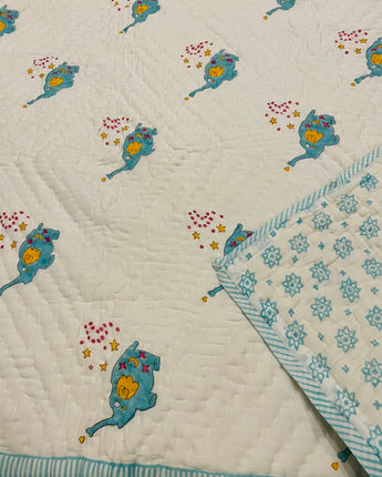 Block Print Reversible Quilt- Flying elephants