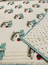 Load image into Gallery viewer, Block Print Reversible Quilt- Dancing Dolphins
