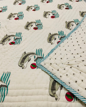 Block Print Reversible Quilt- Dancing Dolphins