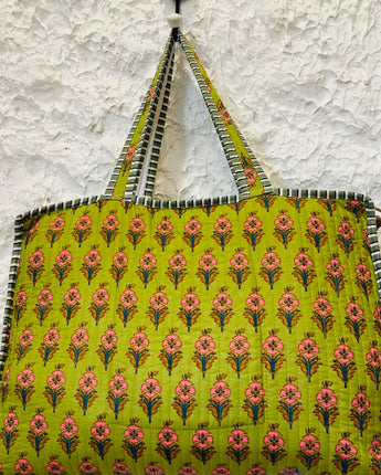 Jumbo Boho Quilted Bag- Carnations Green