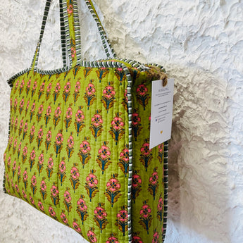 Jumbo Boho Quilted Bag- Carnations Green
