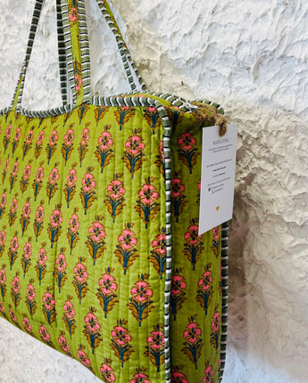 Jumbo Boho Quilted Bag- Carnations Green