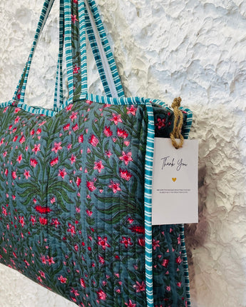 Jumbo Boho Quilted Bag- Tulips Blue