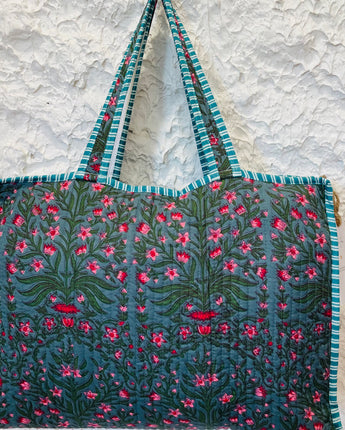 Jumbo Boho Quilted Bag- Tulips Blue