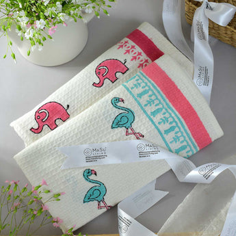 Blue Flamingo & Pink Elephant Bath Towel- Set of 2