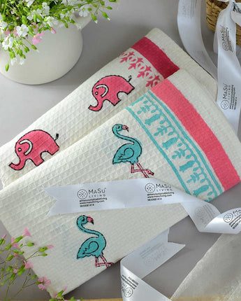 Blue Flamingo & Pink Elephant Bath Towel- Set of 2
