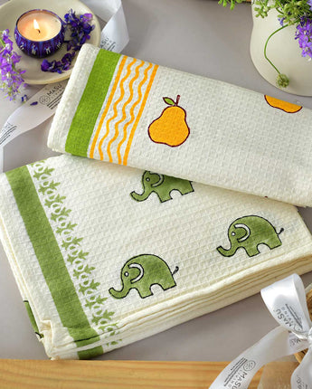 Yellow Pear & Green Elephant Bath Towel- Set of 2
