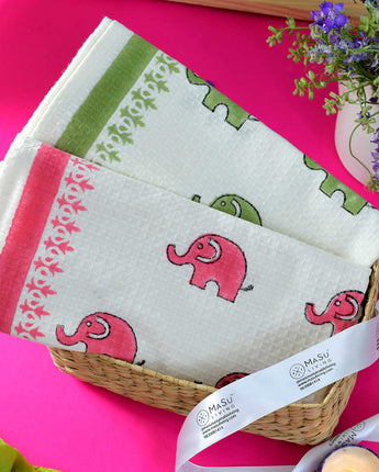 Pink & Green Elephants Bath Towel- Set of 2