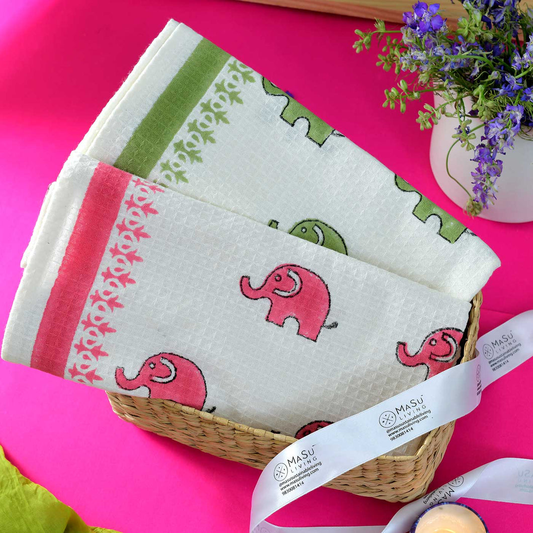 Pink & Green Elephants Bath Towel- Set of 2